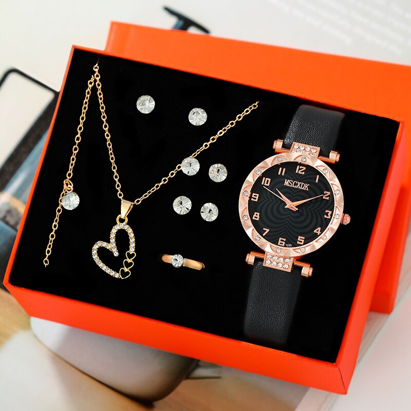 10pcs Dainty Quartz Watch With Jewelry Set Fashion Round Women Watch Heart Shape Necklace Bracelet Earrings Ring Set